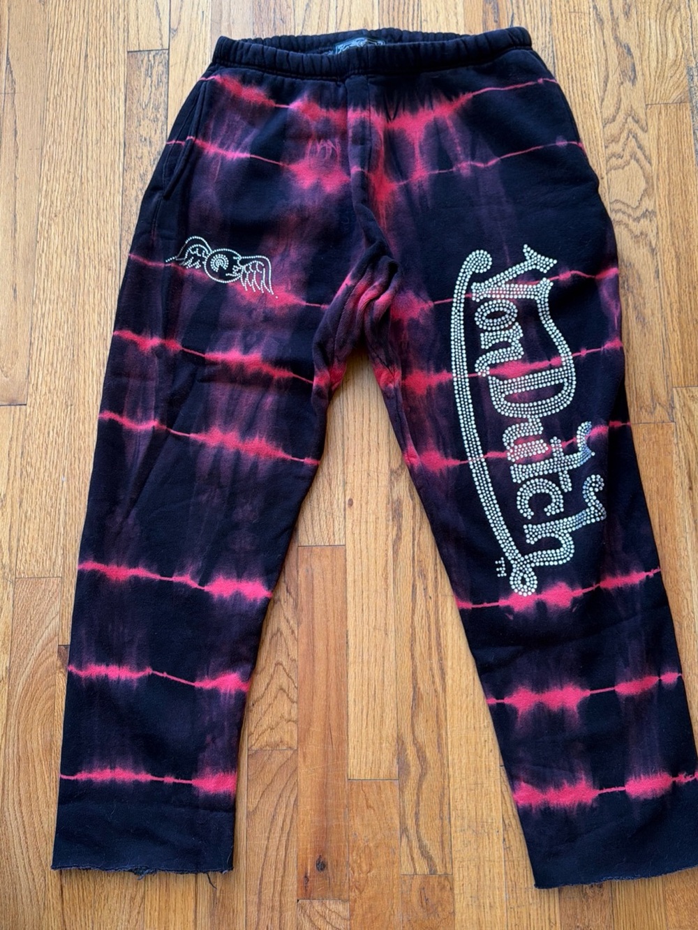 Von Dutch Black & Pink Tie-Dye Rhinestone Logo Joggers M
